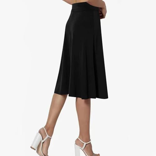 HGps8w Flare Midi Skirts for Women Casual 2025 Summer Elastic High Waisted Basic Solid A-Line Work Knee Length Stretchy Skirt4