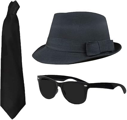 Labela® Blues Brothers Costume Kit Hat Sunglasses Tie & Sideburns 70s 80s Gangster Fancy Dress Set for Adults World Book Day (3Pcs Set Hat+Glasses+Tie)