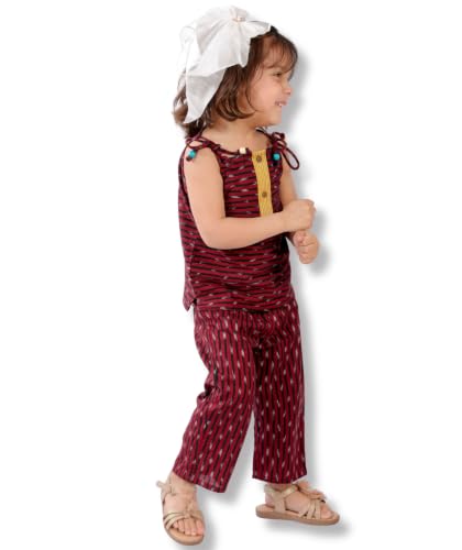 Image of Baby Girls Maroon Cotton Top Pant Set for Ages 1-4 Years. Stylish, Comfortable Kids Outfit For Summer, Parties & Everyday Wear