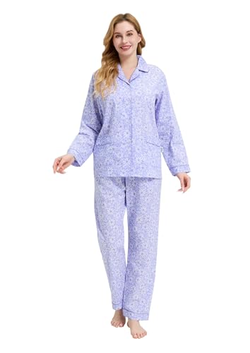 Image of GLOBAL Women Cotton Pajamas Long Sleeve PJs Button Down Sleepwear S-3XL