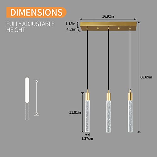 Image of Kitchen Island Lighting Modern Light Fixture Gold Pendant Light Dimmable LED Gold Brass Finish Mini Crystal Pendant Lights for Dining Room Living Room(3-Light)