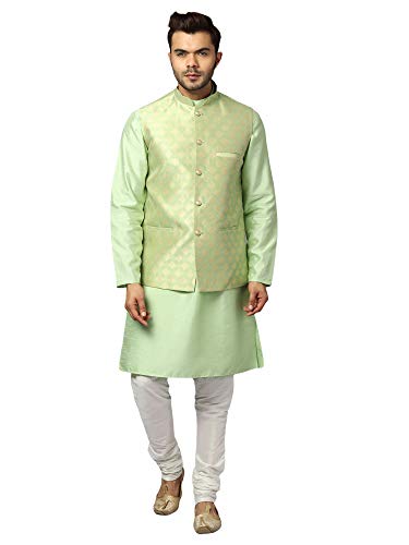 Image of Uri and MacKenzie Men's Silk Blend Kurta Churidar Pyjama with Stylish Nehru Jacket