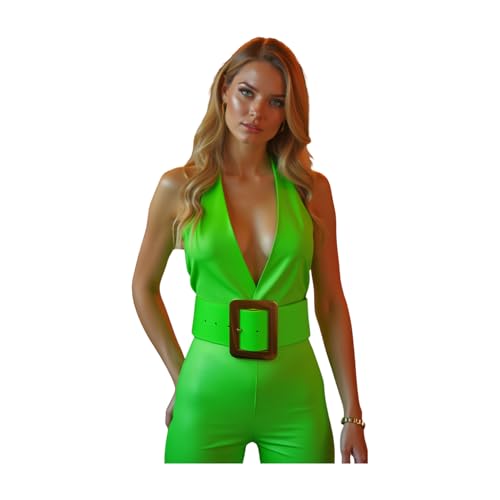 Women Fashion Wide Faux Leather Band Belt Gold Metal Square Buckle S M Neon Green3