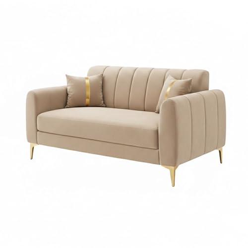 Image of Hermione Luxe Velvet-Suede Fabric 3 Seater + 2 Seater Sofa Set | Golden Legs | Comfortable & Spacious Seating | Modern Sofa Set for Living Room - Beige