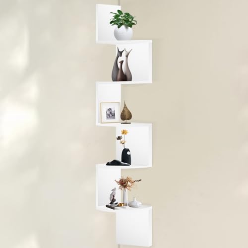 NEWHEY Estantería Esquinera, Repisas Flotantes de 5 Niveles con Diseño en Zigzag, Repisas Flotantes de Pared，Librería Estantería, Blanco