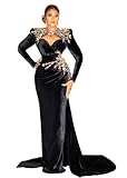 FAYXAWH Black Velour Mermaid Prom Dresses Pretty Appliques Flowers Beaded ASO EBI Party Evening Gowns