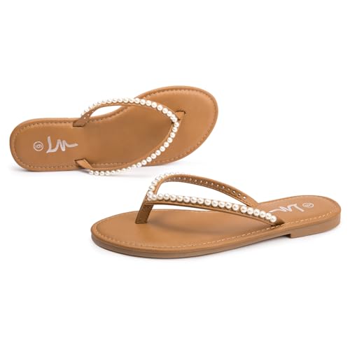 Image of LM Women's Pearls Strappy Flat Sandals Thong Sandals Flip Flop Slip On Slide Sandals for Women Dressy Summer
