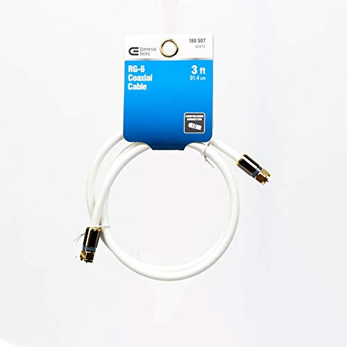 (3ft) Commercial Electric RG-6 Coaxial Cable (F-PIN) White Cable Cord for use with TV, VCR, Cable Modem, Satellite TV, Off-air Antenna