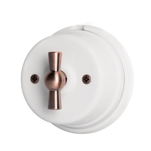 Interruttore/Deviatore rotativo in Porcellana Bianca con Comando Asola Metallo diametro 80mm, Facile Installazione – Design Vintage per Impianti Elettrici a Vista – Materiale Resistente e Sicuro