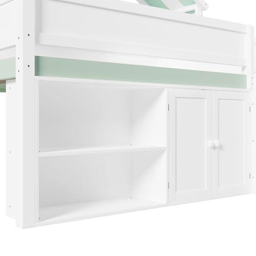 Image of Full Size House Loft Bed with Canopy Roof and Storage, Perfect for Kids' Bedroom, Sleepovers & Organized Living (White+Green)
