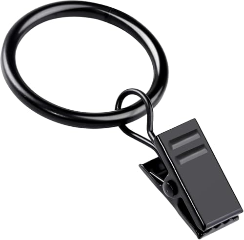 Yogode - 20 Pack Black Curtain Rings with Clips, Curtain Hooks Curtain Clips with Rings, Drapes Rings 1 Inch in Diameter, Fits up to 5/8" Curtain Rod