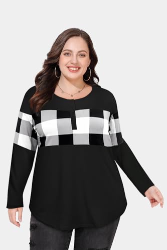 Image of CARCOS Plus Size Tops for Women Long Sleeve Fall Tunic Color Block Camo /Plaid /Leopard /Fall Blouse Crewneck Tshirt XL-5XL