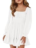 Haloumoning Girls Long Sleeve Dress Kids Square Neck Tie Backless Ruffle A-Line Mini Dresses 5-14 Years White