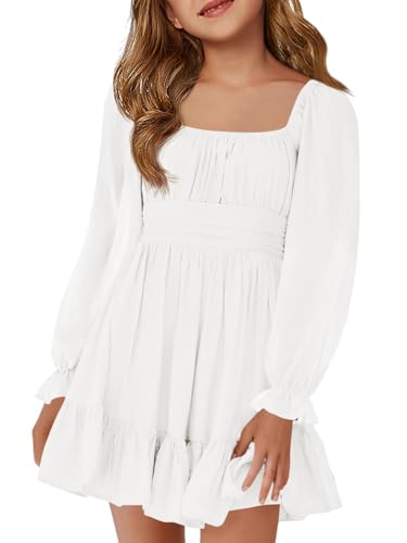 Haloumoning Girls Long Sleeve Dress Kids Square Neck Tie Backless Ruffle A-Line Mini Dresses 5-14 Years