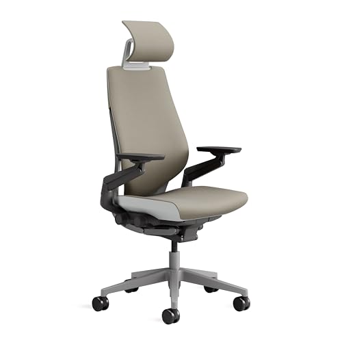 Steelcase Gesture, silla de oficina ergonómica con brazos 360º, sujeción lumbar y reposa cabeza regulables Trufa; Fabricado en Europa