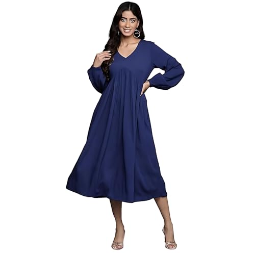 Image of Varanga Women Blue V-Neck, Bishop Sleeves, Gathered Details Calf Length A-Line Dress, Flared Hem