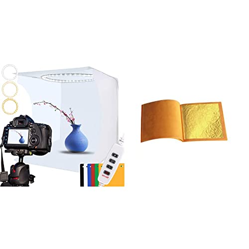 DUCLUS Studio Photo Portable 30x30 cm Boîte à Lumière, Pliable Photo Box avec 88 LED Lumière Dimmable Blanche & SIM Gold Leaf Lot de 10 Feuilles d'or Pur Alimentaire 43 mm X 43 mm 24 carats Cover