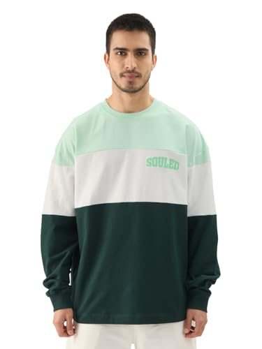 Image of The Souled Store Jasper Men and Boys Round Neck Green and White Colorblock Full Sleeve Oversized T-Shirts Oversized Men's T-Shirts Solid Tees Casual Fashion Relaxed Fit Full Sleeves Round Neck