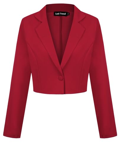 LADI TREND Crop Blazer Women Elegant Suit Notched Lapel Classic Long Sleeve Tailored Jacket (Red XXL)