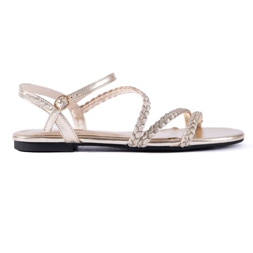 Image of Mtzyoa Women Flat Sandals Dressy Strappy Gladiator Summer Ankle Strap Nude Open Toe Comfortable Wedding Casual Leather Ladies Party Trendy Vacation
