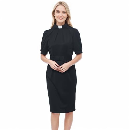 Women's Clergy Dress Short Sleeve Pencil Dress Tab Insert Collar Priest Clergy Dresses with Belts2