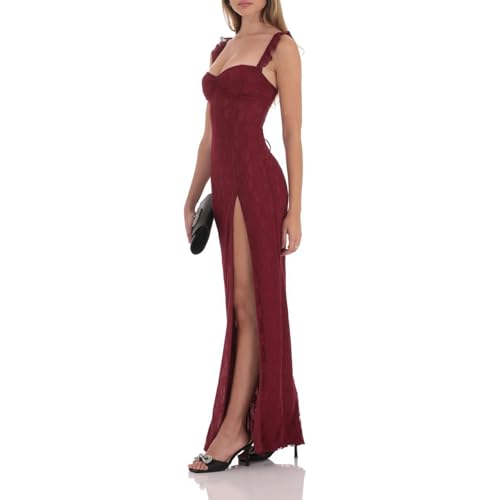 Image of Women Sexy Lace High Split Long Dress Sweetheart Neck Ruffled Sleeve Backless Maxi Dress Party Cocktail Cami Dress
