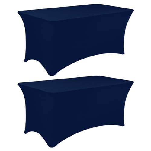 Image of 2 Pack 6FT Spandex Table Covers Washable Wrinkle Resistant Fitted Rectangle Tablecloth for Folding Table Wedding Party Birthday Banquet Bar Events(Navy Blue)