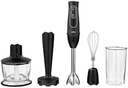 Braun 4-in-1 Immersion Hand Blender, Powerful 350W Stainless Steel Stick Blender, Multi-Speed + 2-Cup Food Processor, Whisk, Beaker, Masher, Easy to Clean, Black, MultiQuick MQ537BK