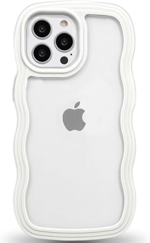 Image of GoldKart iPhone 13 Pro Max Case Wavy Edge Clear Back Design, Anti-Slip Grip Cute Wave Curly Frame Shape Shockproof Soft TPU & Hard PC Bumper Protective Phone Case Cover for Women Girls - White