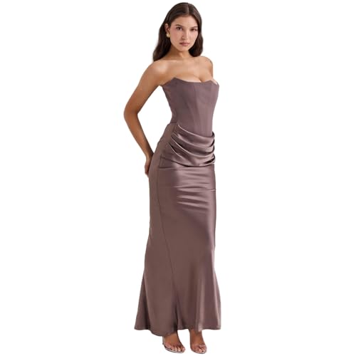 Image of ANKOMINA Women's Strapless Boned Corset Satin Dress Sexy Backless Pleated Stitching Dresses for Wedding Cocktail