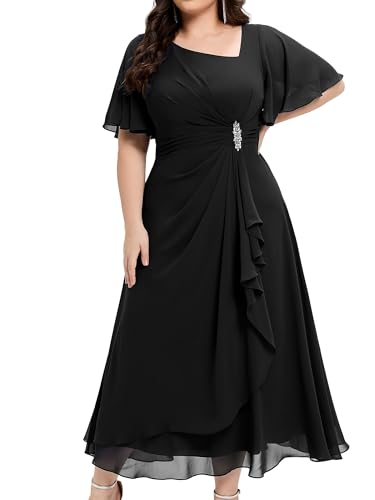 Ever-Pretty Plus Women's Asymmetrical Neck Short Sleeves Chiffon Rhinestone Maxi Plus Size Formal Mother of The Bride Dresses