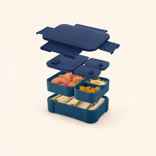 Image of daiDokoro 3 Compartment Bento Lunch Box with Removable Containers | Compact Leak-Proof, Microwave & Dishwasher Safe Tiffin for Office Use, School & Travel (Dark Blue, 1040 ML)
