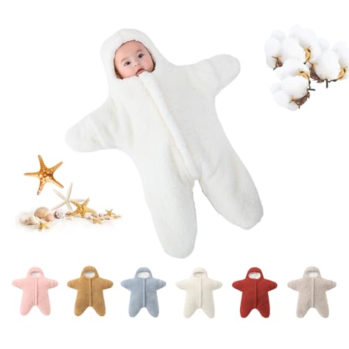 Image of Baby Starfish Onesie, Thick Imitation Fleece Starfish Newborn Romper, Infant Footie Jumpsuit Winter Warm Outfits(White,0-2 Months)
