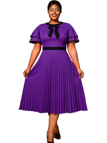 AOMEI Plus Size Dresses for Curvy Women Church Color Block Bowtie Ruffle Sleeve A-Line Pleated Midi Teacher Work Office Dress