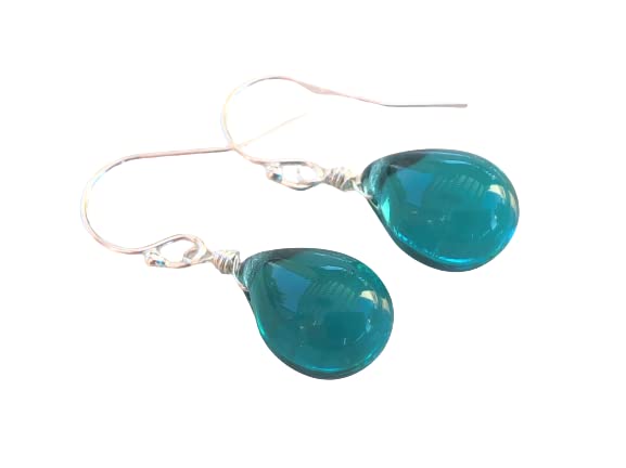 Miniatura 7 de Teal Green Wire Wrapped Smooth Glass Tear Drop Earrings - Sterling Silver - Gift for Women Mothers Day