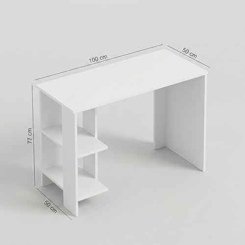 Image of Breeze Minimalist Study Table with 2-Tier Side Shelves, Modern White Computer Desk for Home Office & Students, 100x50x77cm (Arctic White)