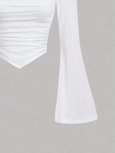 Image of Floerns Girls Bell Long Sleeve Square Neck Asymmetrical Hem Mesh Ruched Crop Tops Tees