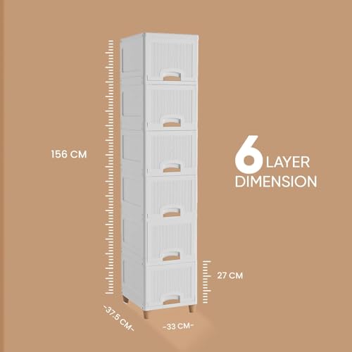 Image of 6 Layer Plastic Wardrobe for Clothes : Versatile Plastic Cupboard for Storage Organizer & Organisers Storage Box for Ideal for Neat and Tidy Storage Solutions Almirah for Clothes-White