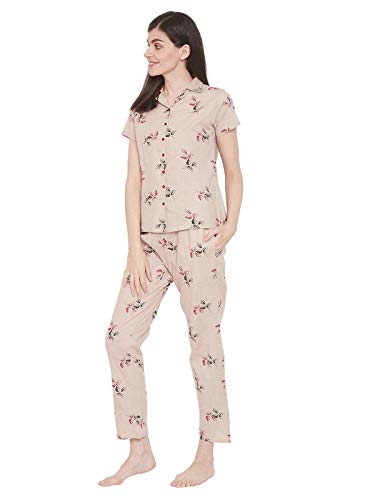 Image of Clovia Women's Cotton Floral Printed Shirt and Pajama Set