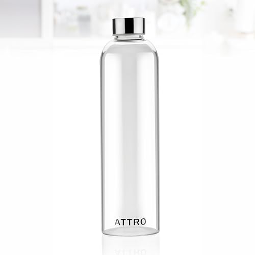 Image of ATTRO Glassox Cleara High Borosilicate Screw Glass Bottle with Stainless Steel Lid Leakproof - Ideal for Office, Travel, Home,Outdoor & Daily Use - Transparent - 1000ml