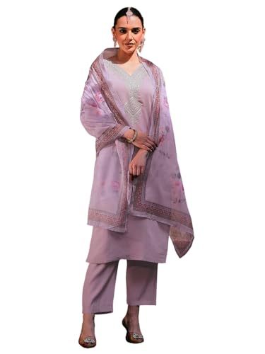 Ensemble kurta brodée en rayonne lavande avec pantalon et dupatta Taby Navlik en 4XL