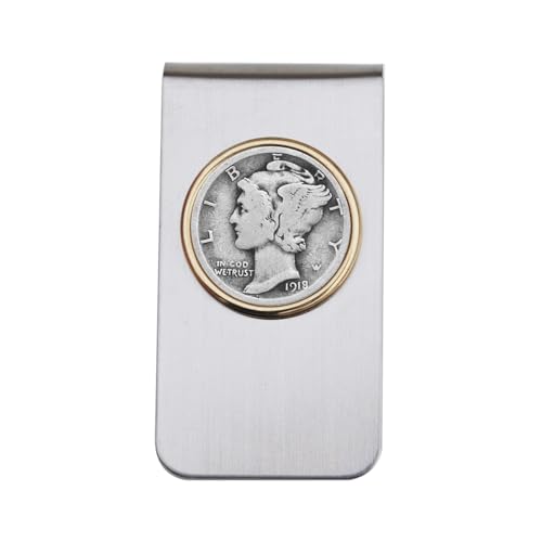 US 1918 Mercury Dime 90% Silver Average Circulated 10 Cent Coin Two Toned Stainless Steel Money Clip New