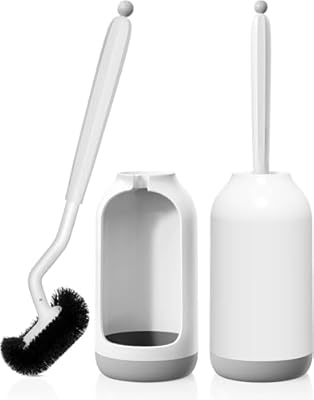 HAMITOR Toilet Brush and Holder Set: 2 Pack Curved Design Bathroom Toilet Bowl Cleaner Brush for Deep Cleaning Under Rim- Flexible Bristles Toilet Scrubber with Long Handle- Modern Travel RV Tools