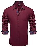 Hi-Tie Maroon Stretch Dress Shirts for Men Navy Floral Collar Long Sleeve Casual Button Down Regular Fit Wrinkle Free Shirt Business Party