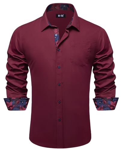 Hi-Tie Maroon Stretch Dress Shirts for Men Navy Floral Collar Long Sleeve Casual Button Down Regular Fit Wrinkle Free Shirt Business Party