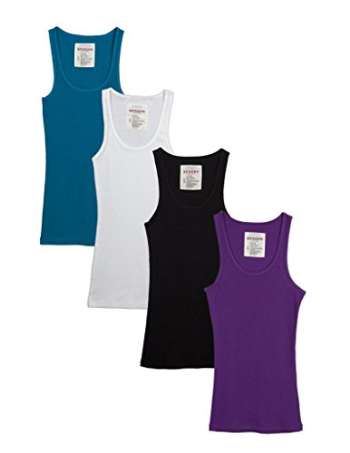 Zenana Outfitters 4 Pack Womens Basic Ribbed Tank Top Black/White/Purple/Jade L