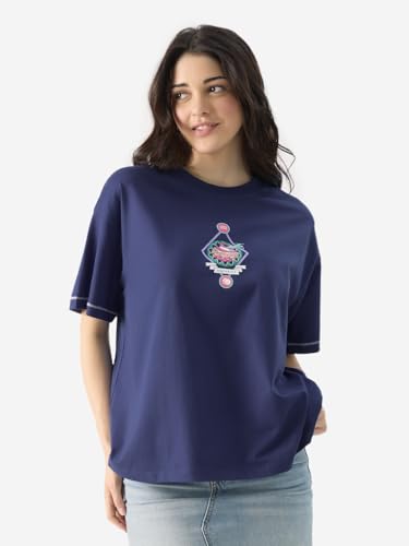 Image of The Souled Store Zodiac: Aquarius Women and Girls Short Sleeves Round Neck Blue Graphic Printed Cotton Oversized T-Shirts