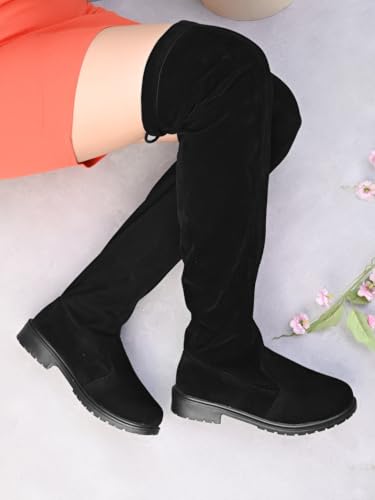 Image of XE Looks Women's Over-the-Knee Long Boots | Stylish Suede Finish with Tie-Up Detail | Comfortable Block Sole Winter Footwear for Girls and Women