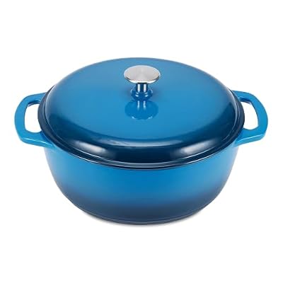 Amazon Basics Enameled Cast Iron Dutch Oven Pot with Lid, Round, Dual Handles, Heavy-Duty, Oven Safe for Stews, Roasting, Baking, 7.3-Quart, Blue