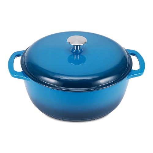 Amazon Basics Enameled Cast Iron Dutch Oven Pot with Lid, Round, Dual Handles, Heavy-Duty, Oven Safe for Stews, Roasting, Baking, 7.3-Quart, Blue